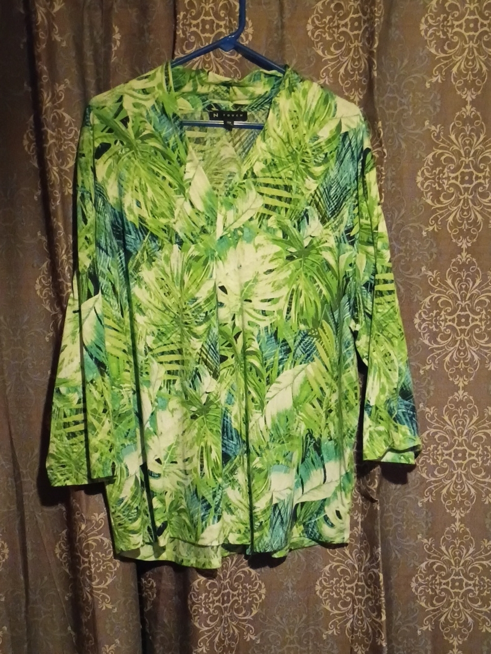 Lightweight Green Tropical-Print Open Cardigan Top